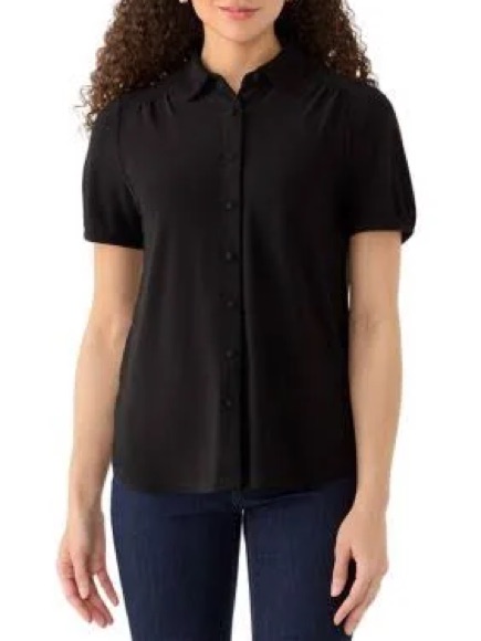 Anne Klein: Xl, Black Button-Front Short Sleeve Women's Top